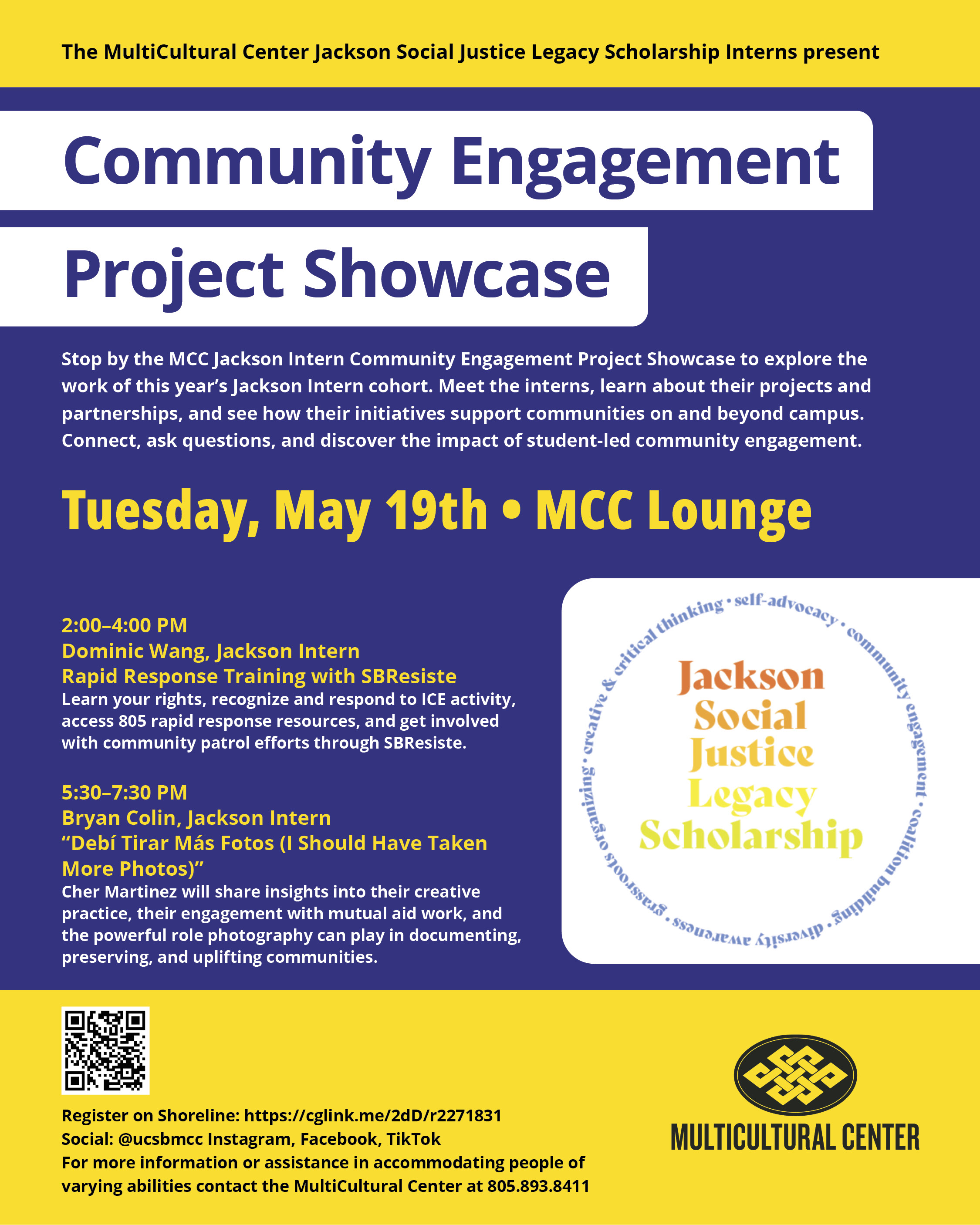 yellow striped flyer at top and bottom with blue field and text including a circular logo with rainbow type for jsjls below is a qr code and the mcc logo with interlocking weave icon